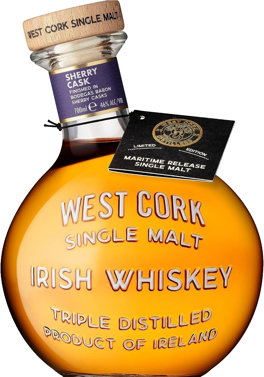 Load image into Gallery viewer, West Cork Maritime Sherry Cask Single Malt Irish Whiskey bottle with amber liquid, a wooden stopper, a purple neck label, and a black limited edition hangtag on a white background.