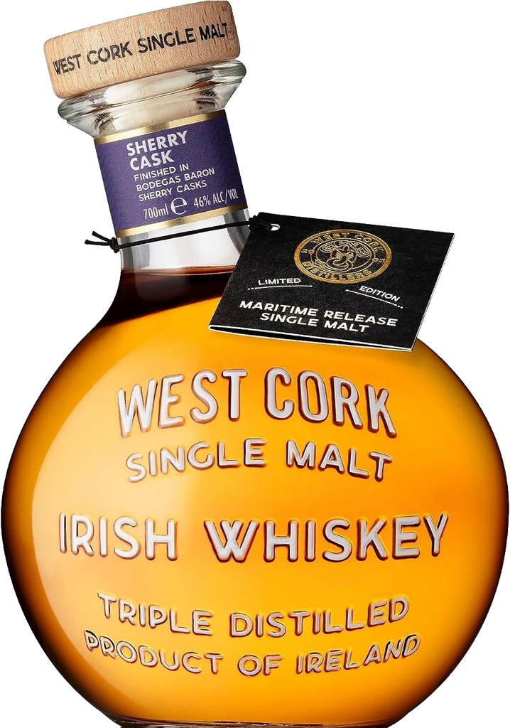 West Cork Maritime Sherry Cask Single Malt Irish Whiskey bottle with amber liquid, a wooden stopper, a purple neck label, and a black limited edition hangtag on a white background.