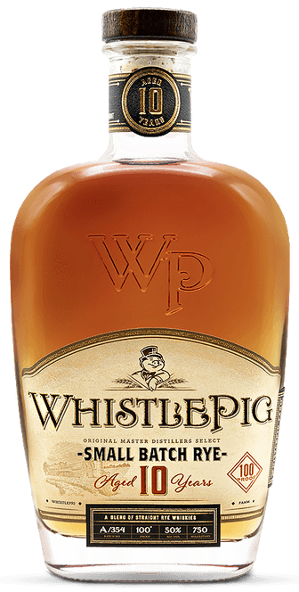 A bottle of WhistlePig 10 Year Old Straight Rye Whiskey with a label displaying the brand name, product type, and volume information.
