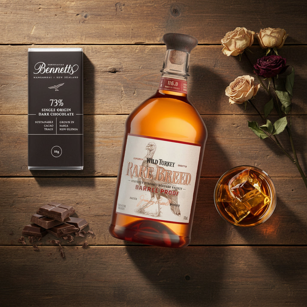 Load image into Gallery viewer, Bottle of Wild Turkey Rare Breed bourbon on a wooden surface with a glass of whiskey, chocolate, and flowers.