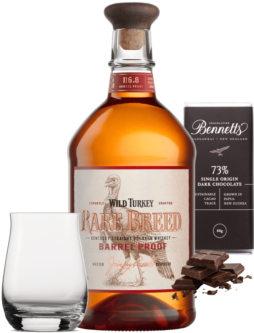 Load image into Gallery viewer, Bottle of Wild Turkey Rare Breed whiskey with a glass, chocolate, and Bennett's chocolate packaging on a white background