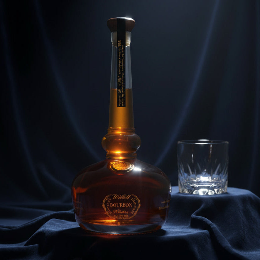 Load image into Gallery viewer, A bottle of Willett Pot Still bourbon whiskey with a long neck and a clear glass tumbler beside it, set on draped dark blue fabric against a dark background.