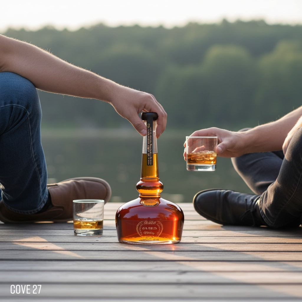 Load image into Gallery viewer, Two people sitting outdoors with a bottle of Willett Pot Still Reserve bourbon and glasses.