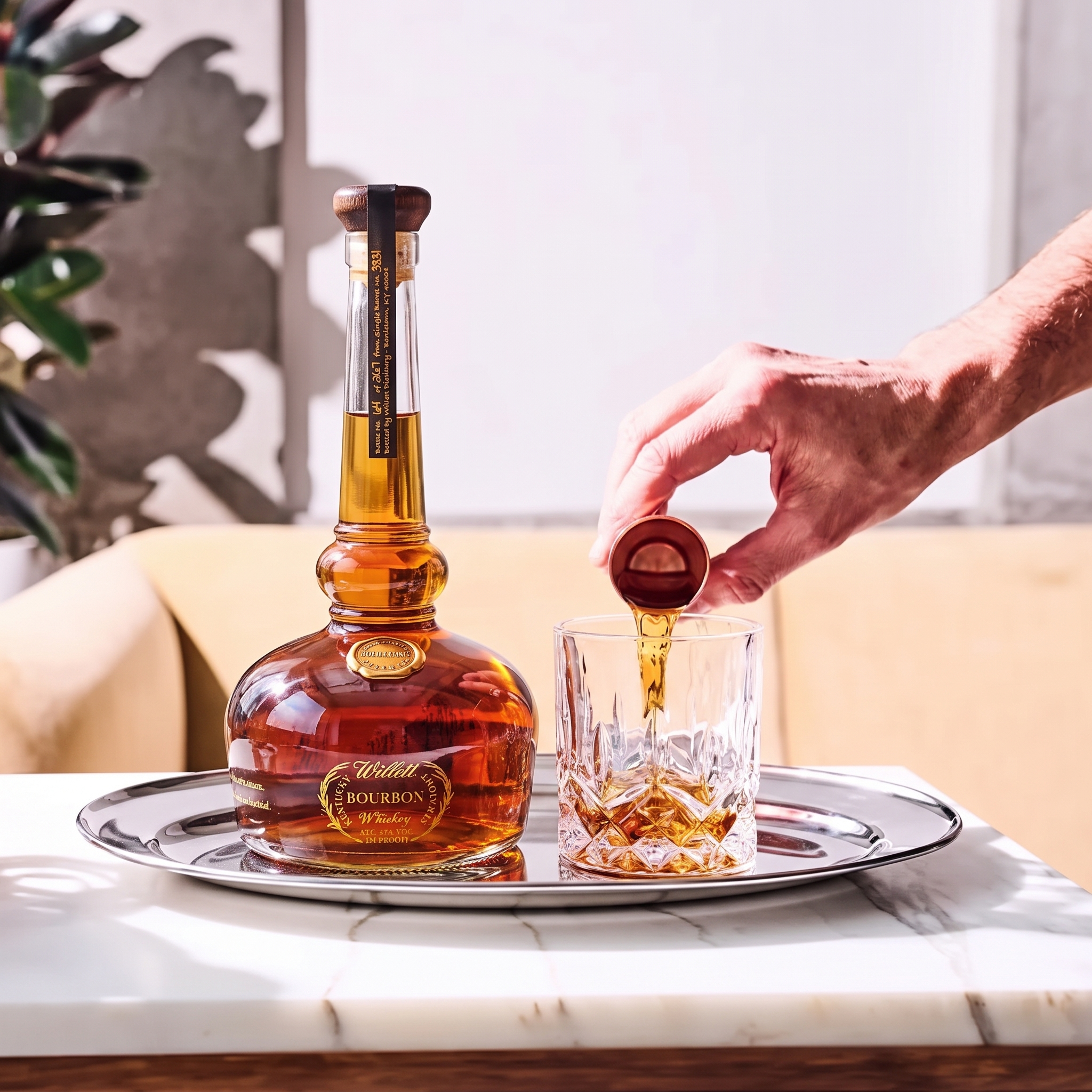 Load image into Gallery viewer, A bottle of Willett Pot Still bourbon whiskey sits on a silver tray next to a hand pouring amber liquor into a clear cut-glass tumbler, set on a white marble surface.