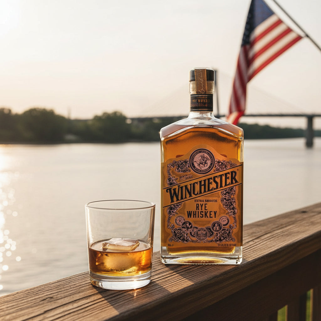 Load image into Gallery viewer, Bottle and glass of Winchester Rye Whiskey by a waterfront with an American flag in the background.