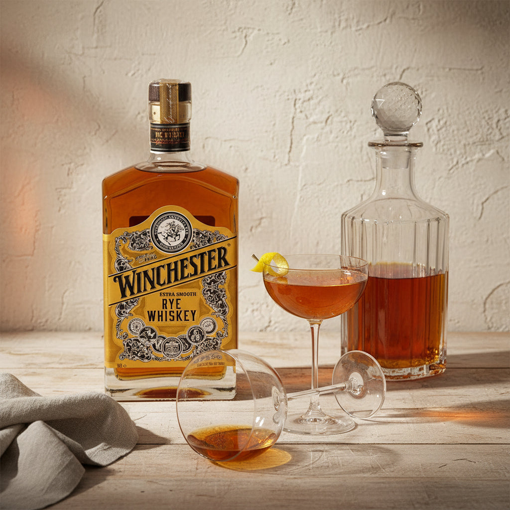 Load image into Gallery viewer, Bottle of Winchester Rye Whiskey with a glass and decanter on a wooden surface.