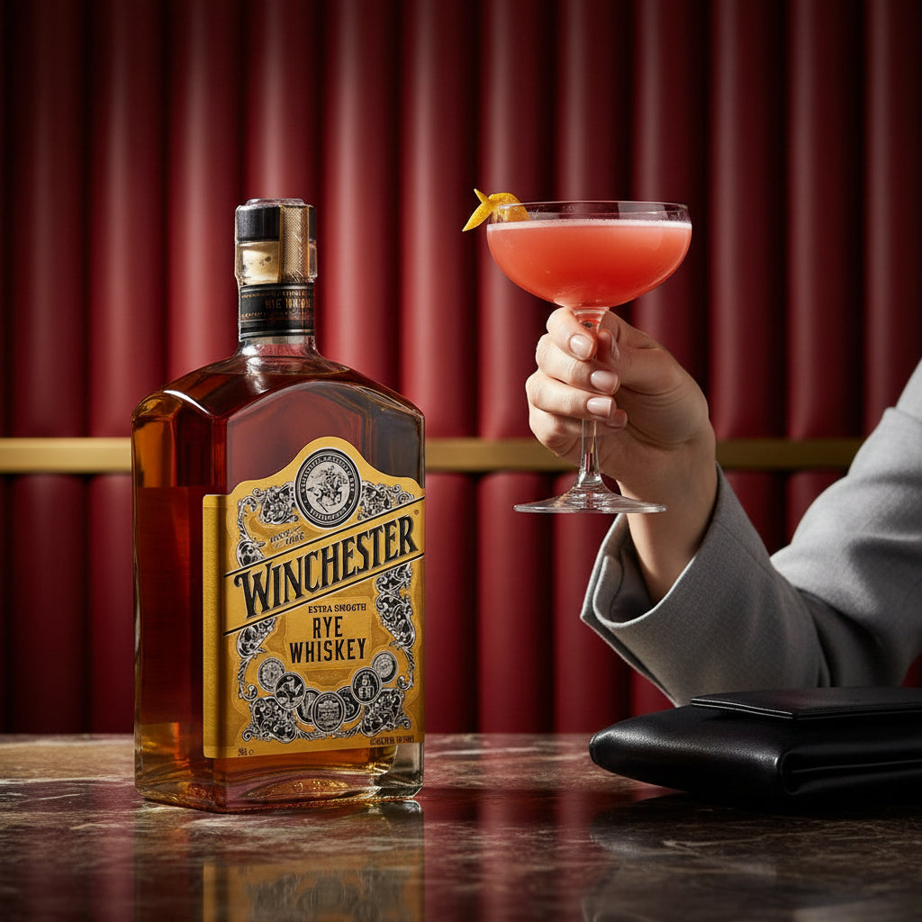 Load image into Gallery viewer, Bottle of Winchester Rye Whiskey with a woman's hand holding a cocktail against a red curtain background