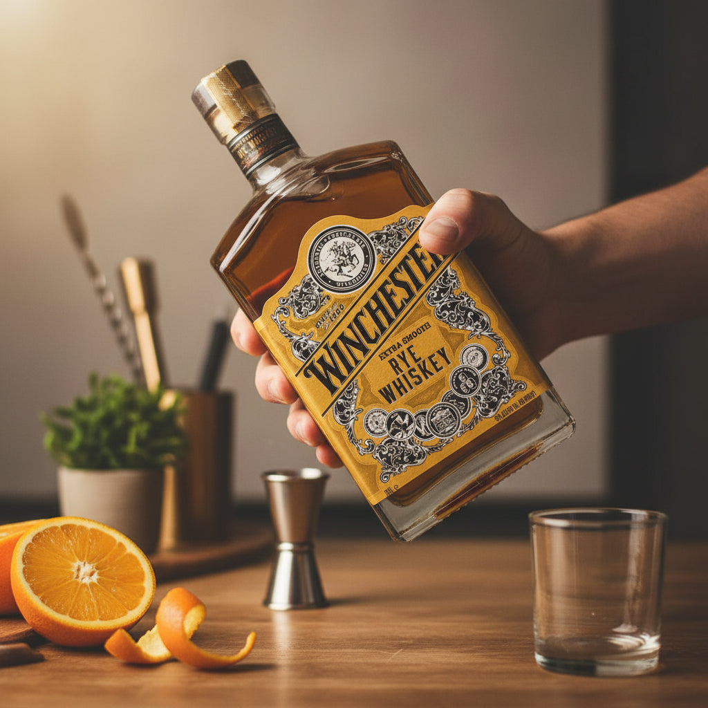 Load image into Gallery viewer, Hand holding a bottle of Winchester Rye Whiskey with a blurred background of a kitchen setting.