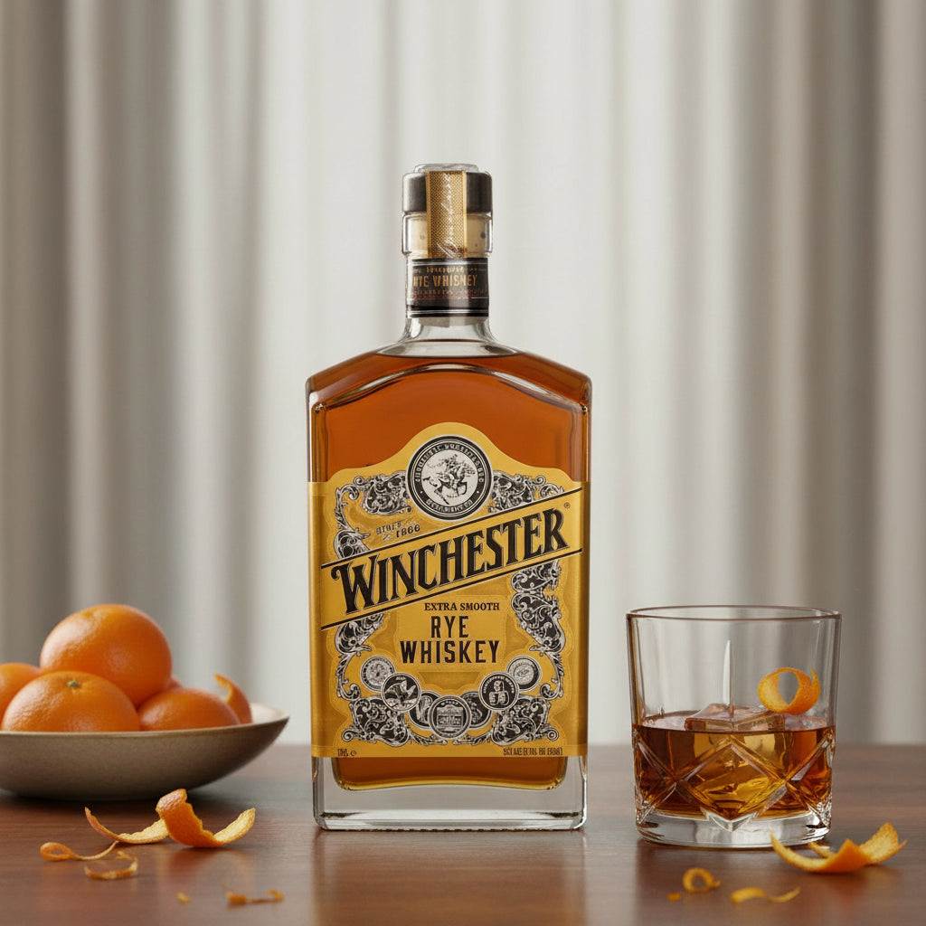 Load image into Gallery viewer, Bottle of Winchester Rye Whiskey with a glass on a table, surrounded by oranges.