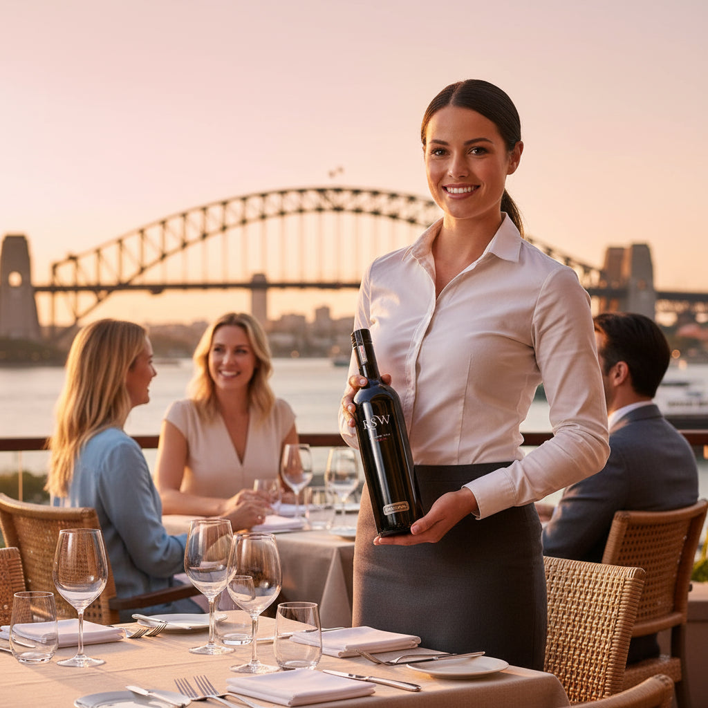 Load image into Gallery viewer, Waitress holding a Wirra Wirra RSW Shiraz  wine with Sydney Harbour Bridge in the background