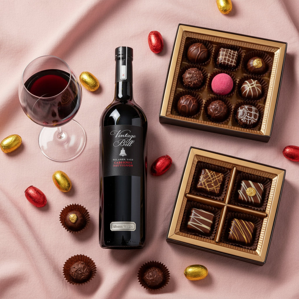 Load image into Gallery viewer, Bottle of Wirra Wirra Vintage Bell Cabernet Sauvignon wine with a glass, chocolate truffles, and candy on a pink surface
