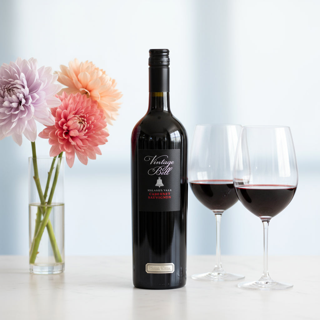 Load image into Gallery viewer, Bottle of Wirra Wirra Vintage Bell Cabernet Sauvignon wine with two glasses and flowers on a table
