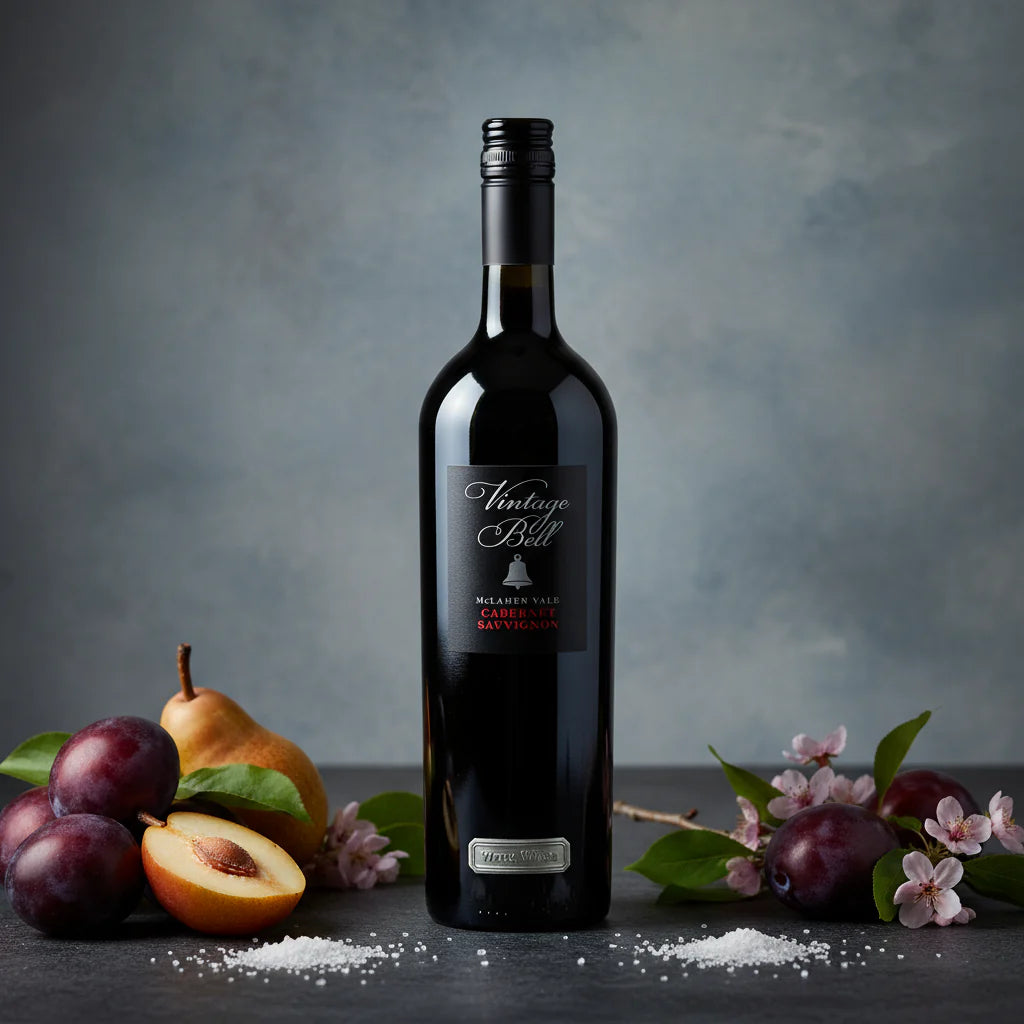Load image into Gallery viewer, Bottle of vintage wine with fruits and flowers on a dark surface