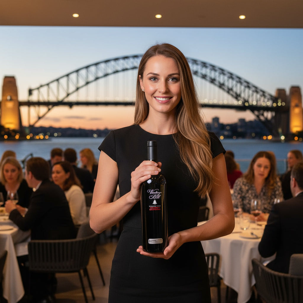 Load image into Gallery viewer, Woman holding a bottle of Wirra Wirra Vintage Bell Cabernet Sauvignon wine in a restaurant with the Sydney Harbour Bridge in the background
