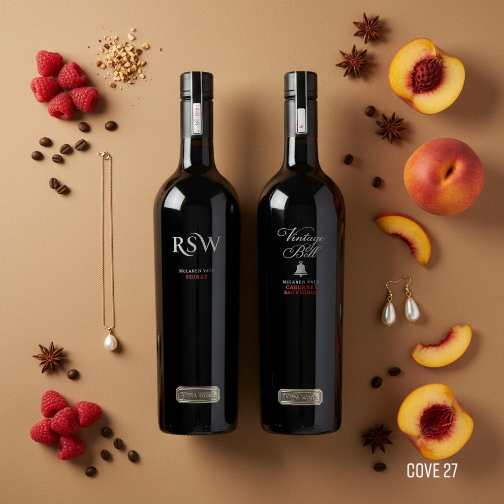 Load image into Gallery viewer, Two Wirra Wirra McLaren Vale RED wine bottles with decorative elements on a brown background