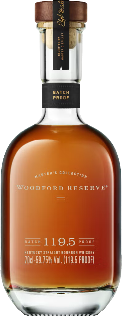 Load image into Gallery viewer, Woodford Reserve Masters Collection Batch Proof Bourbon Whiskey bottle with a wooden cap on a white background