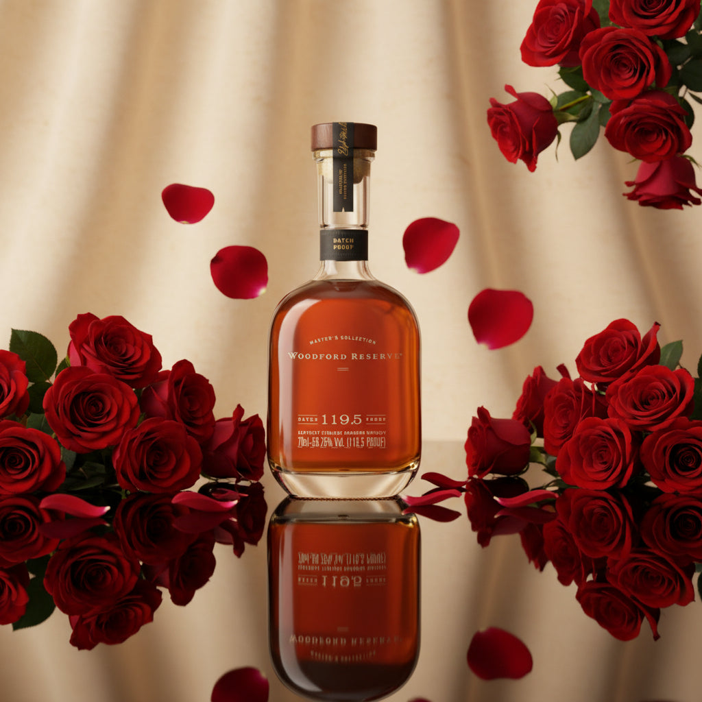 Load image into Gallery viewer, Woodford Reserve Masters Collection Batch Proof Bourbon Whiskey bottle with red roses and rose petals on a reflective surface.