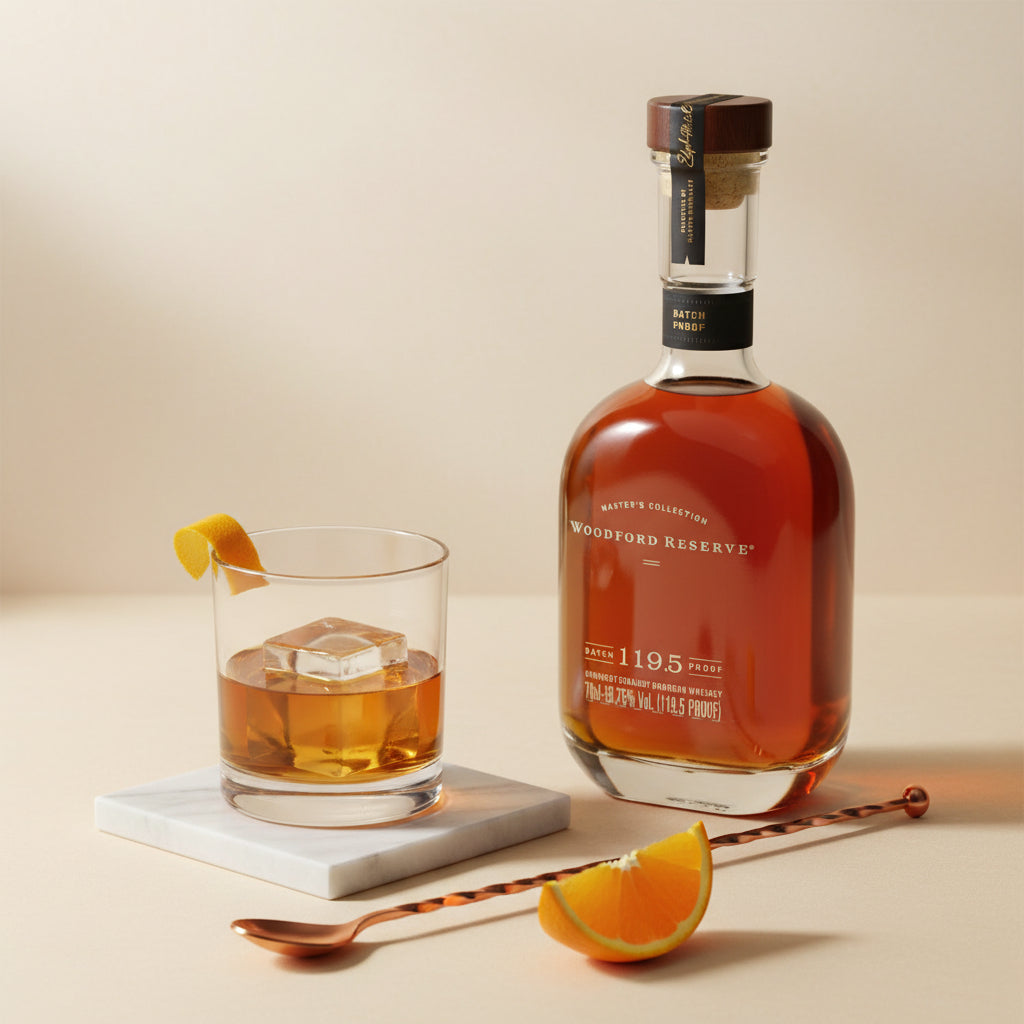 Load image into Gallery viewer, Woodford Reserve Masters Collection Batch Proof Bourbon Whiskey bottle with a glass of whiskey and orange slice on a beige background