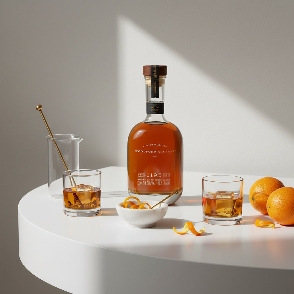 Load image into Gallery viewer, Woodford Reserve Masters Collection Batch Proof Bourbon Whiskey bottle with two glasses of whiskey on a white table with oranges and a bowl of orange peels.