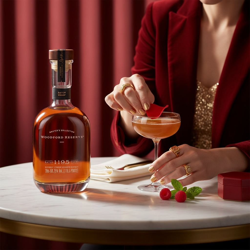 Load image into Gallery viewer, Bottle of Woodford Reserve Masters Collection Batch Proof Bourbon Whiskey  on a table with a woman holding a cocktail.