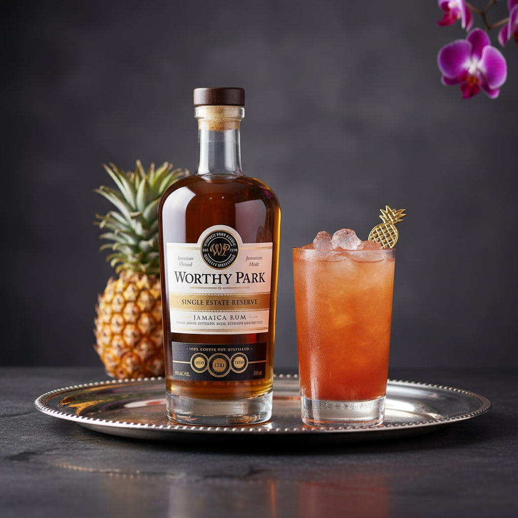 Load image into Gallery viewer, A bottle of Worthy Park Single Estate Reserve Rum sits on a silver tray next to a highball glass filled with an orange-red cocktail and ice, styled with a whole pineapple and purple orchid flowers against a dark background.