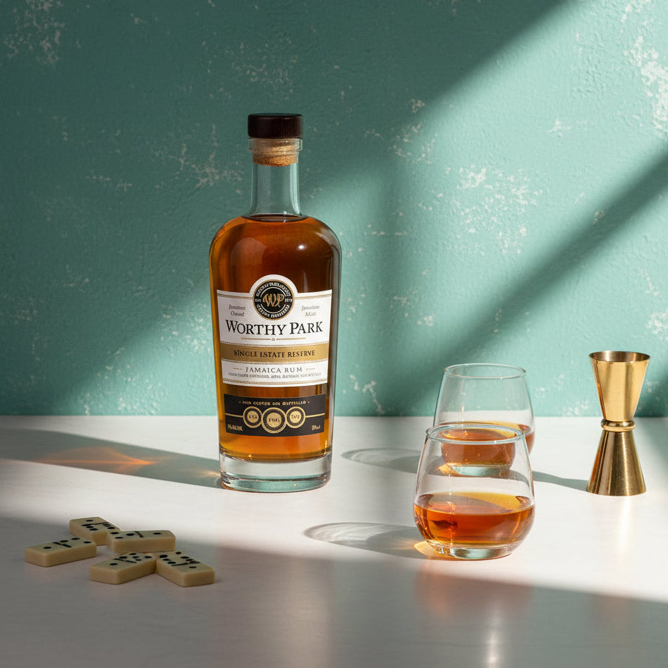 Load image into Gallery viewer, A bottle of Worthy Park Single Estate Reserve Rum stands on a white tabletop beside two filled glasses, a gold jigger, and a few letter tiles against a textured teal wall with strong sunlight and shadows.