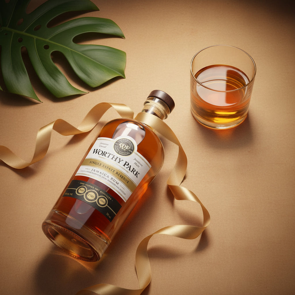Load image into Gallery viewer, A bottle of Worthy Park Single Estate Reserve Rum lies on its side next to a filled rocks glass, wrapped in a gold ribbon, with a green monstera leaf on a warm brown background.