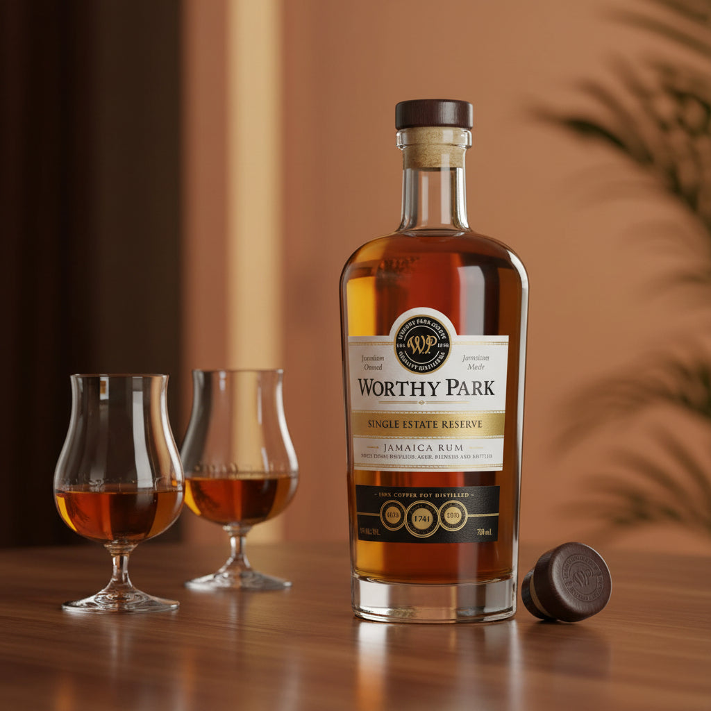 Load image into Gallery viewer, A bottle of Worthy Park Single Estate Reserve Rum sits on a wooden table next to two filled rum glasses and a removed cork, with a warm brown background and soft plant shadows.