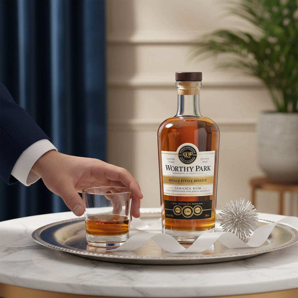 Load image into Gallery viewer, A bottle of Worthy Park Single Estate Reserve Rum sits on a silver tray beside a hand holding a small glass of the amber liquid, with a marble table, dark blue curtain, and potted plant in the background.