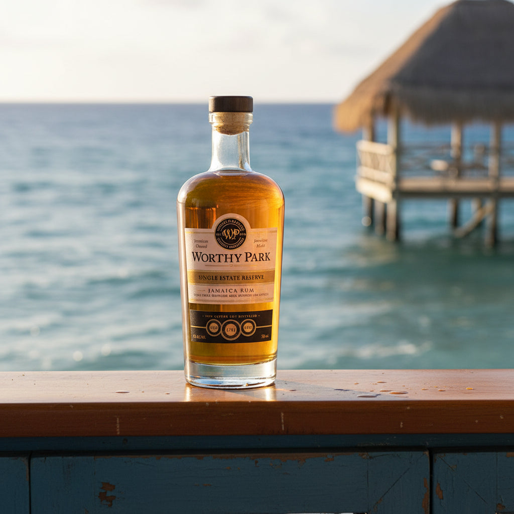 Load image into Gallery viewer, A bottle of Worthy Park Single Estate Reserve Rum sits on a wooden railing with a tropical ocean and overwater hut in the background.