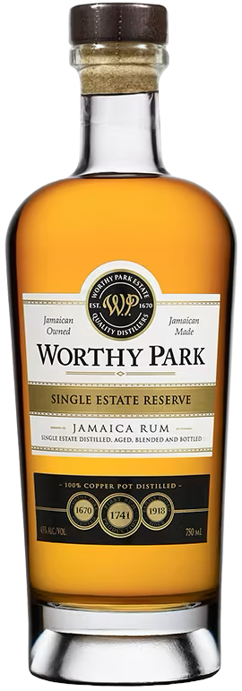 A bottle of Worthy Park Single Estate Reserve Rum, showing the amber liquid inside a clear glass bottle with a dark brown cap and a cream and black label.