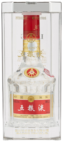 An image of a bottle of Wu Liang Ye Crystal Baijiu 500ml in its stylish transparent packaging