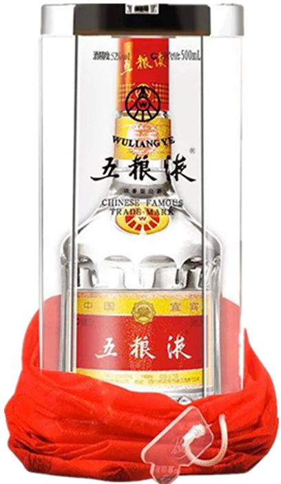 An image of a bottle of Wu Liang Ye Crystal Baijiu 500ml in its stylish transparent packaging in a luscious red velvet sleeve