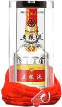 Load image into Gallery viewer, An image of a bottle of Wu Liang Ye Crystal Baijiu 500ml in its stylish transparent packaging in a luscious red velvet sleeve