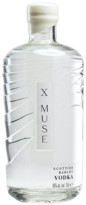 A clear glass bottle of X Muse Scottish Barley Vodka with a white label.
