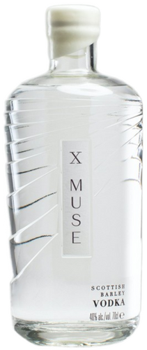 A clear glass bottle of X Muse Scottish Barley Vodka with a white label.