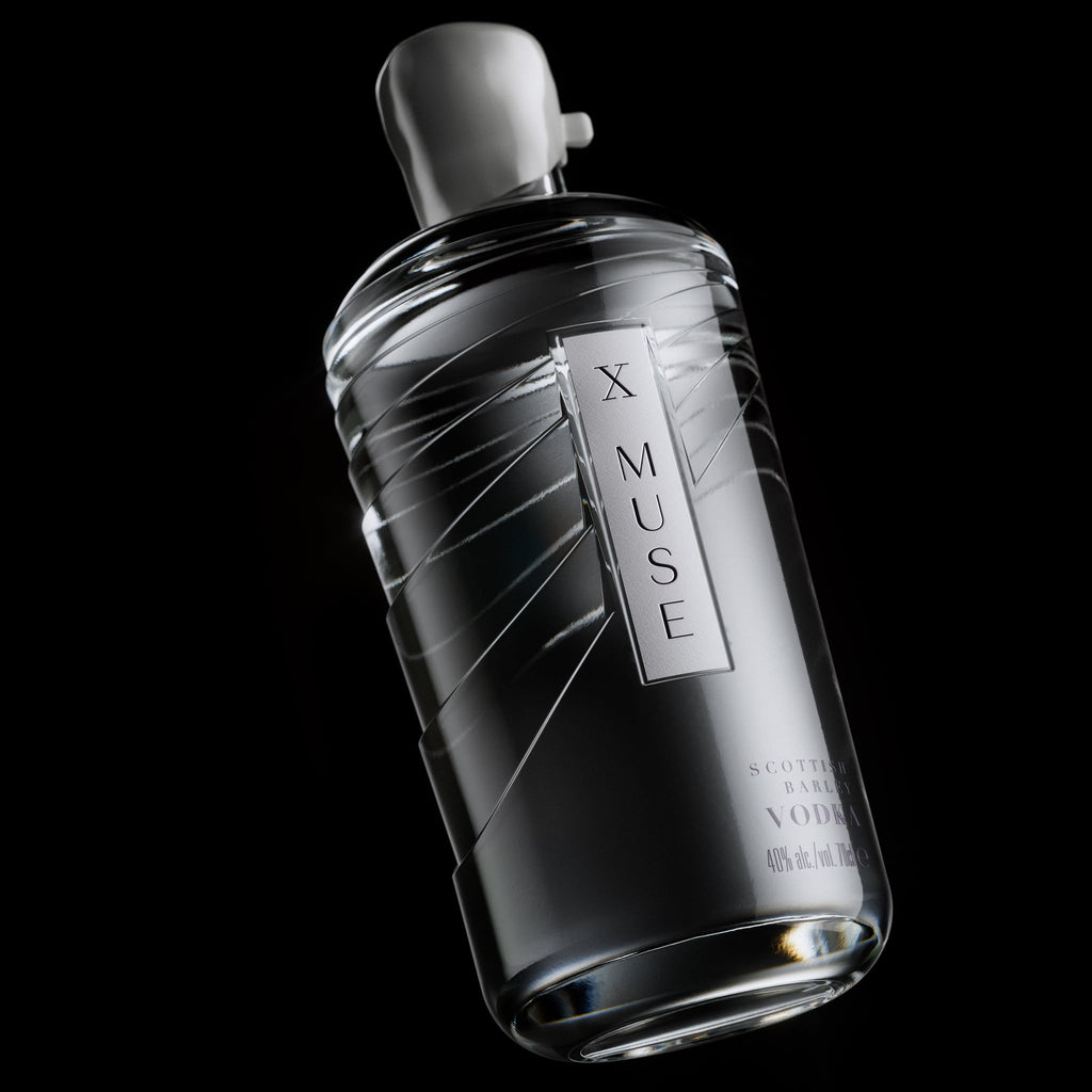 X Muse vodka bottle on a black background