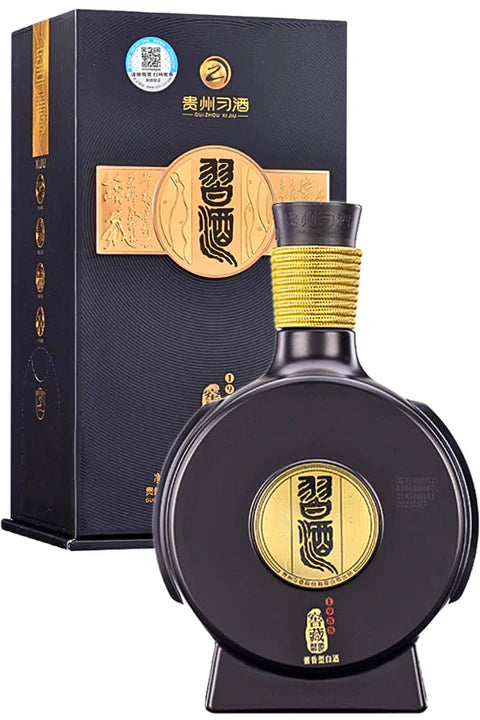 Load image into Gallery viewer, Xijiu Jiao Cang 1988 Baijiu bottle with gold emblem and matching gift box on a white background