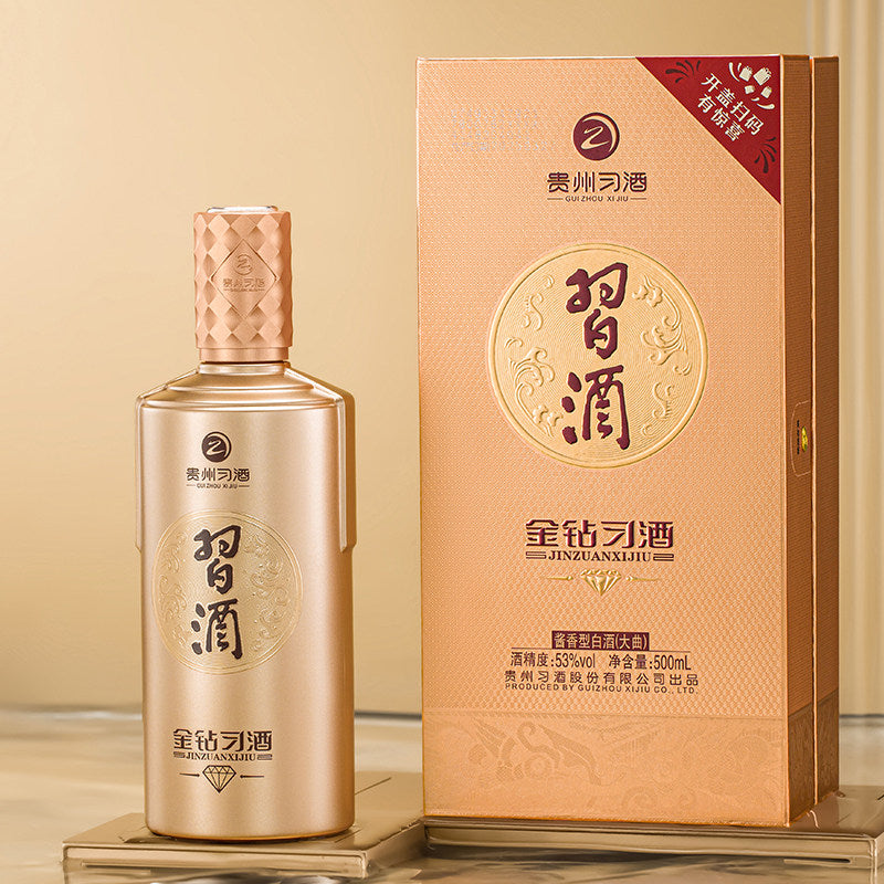 Load image into Gallery viewer, Xijiu Jin Zuan Baijiu 500ml gold bottle and its gift box on a beige background