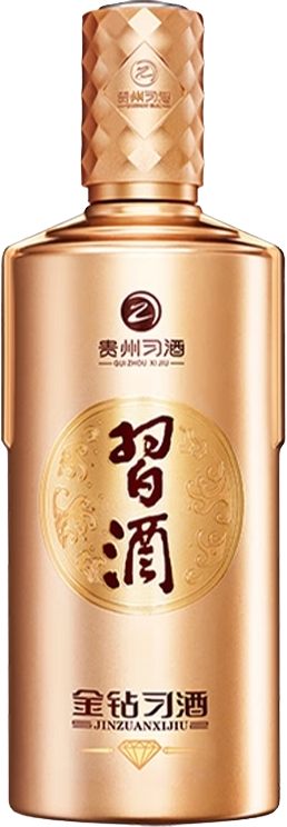Bottle of Xijiu Jin Zuan Baijiu 500ml with gold and white design on a white background