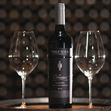 Load image into Gallery viewer, Yalumba Rare and Fine The Octavius shiraz wine bottle with two glasses on a wooden table against a blurred background