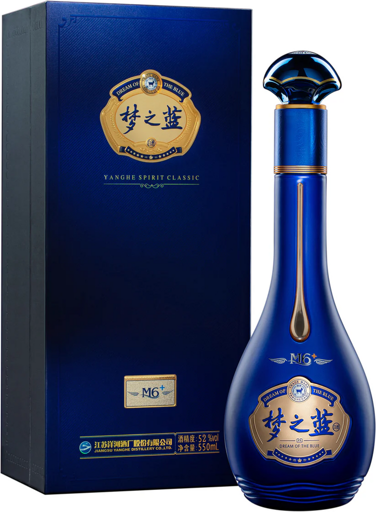 An image of a beautiful bottle of Yanghe Dream of The Blue M6+ Baijiu 52%  550ml next to its stunning gift box