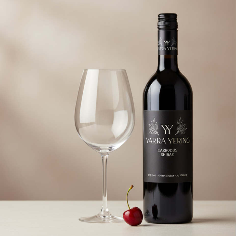 Bottle of Yarra-Yering-Carrodus-Shiraz wine with a glass and cherry on a beige background