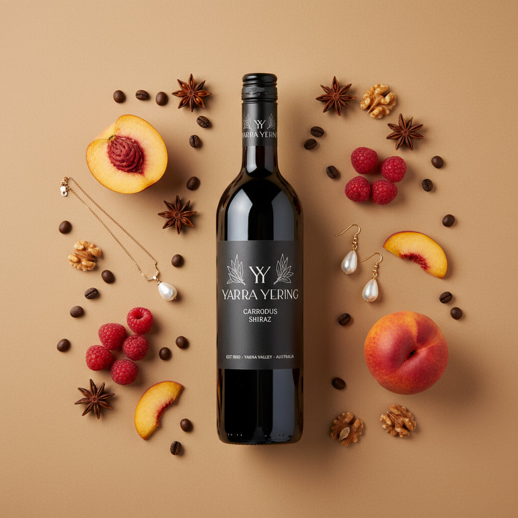Yarra Yering Carrodus Shiraz wine bottle surrounded by fruits and nuts on a beige background