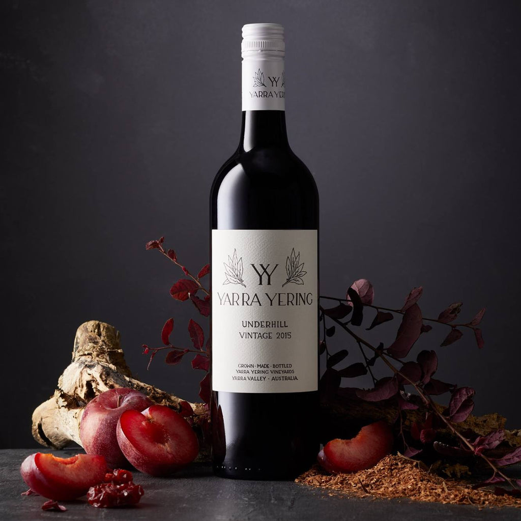 Yarra-Yering-Underhill-Shiraz bottle with a label on a dark background