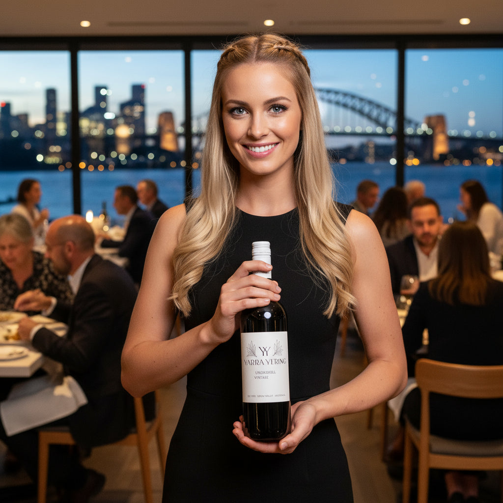 Woman holding a Yarra-Yering-Underhill-Shiraz bottle in a restaurant with a cityscape view