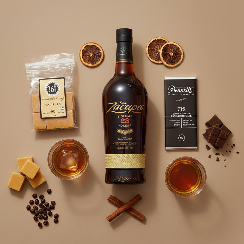 Load image into Gallery viewer, Bottle of Zacapa 23 year old aged rum with two glasses, chocolate, and vanilla products on a beige background