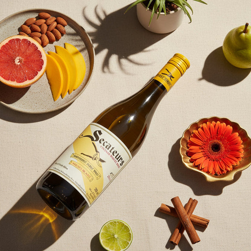 Load image into Gallery viewer, AA Badenhorst Secateurs Chenin Blanc wine bottle with a label on a beige surface with fruits and a plant.