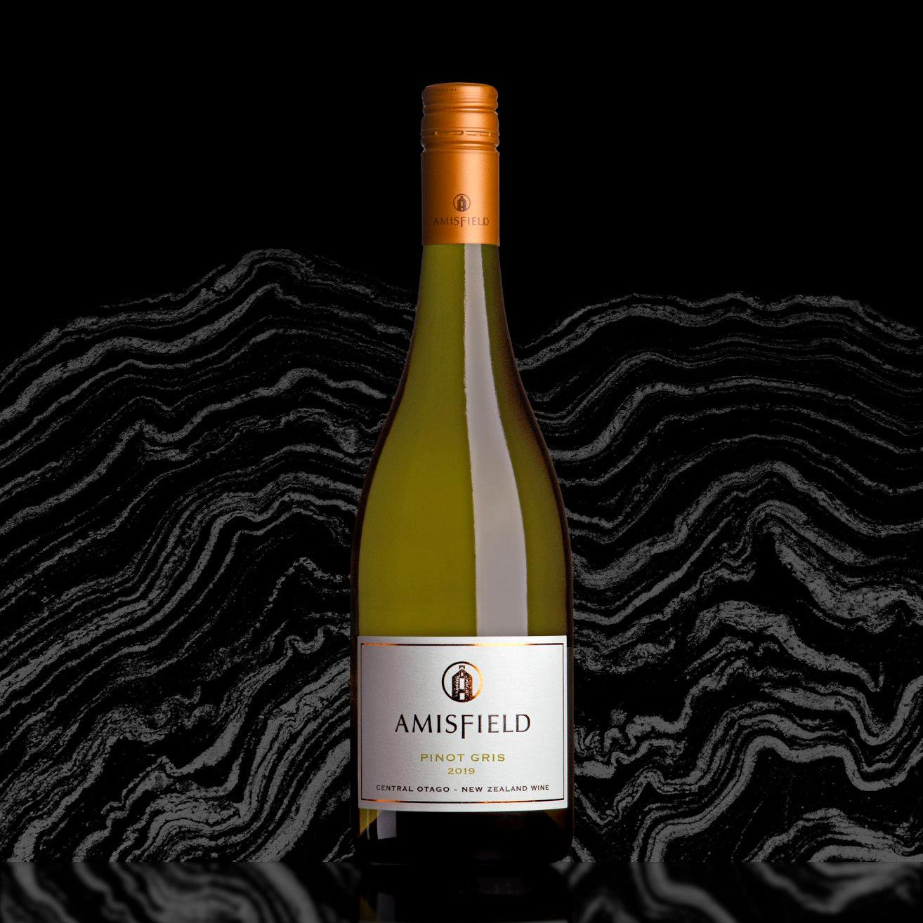 Load image into Gallery viewer, Amisfield wine bottle on a black and gray abstract background