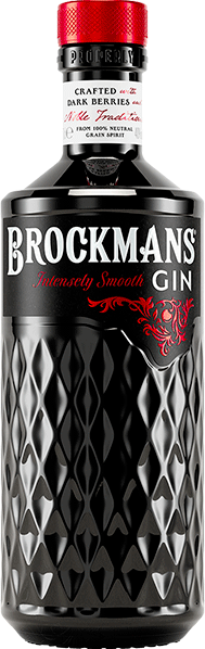Bottle of Brockmans Intensely Smooth Gin with a black label featuring gold and white text, and a patterned design.